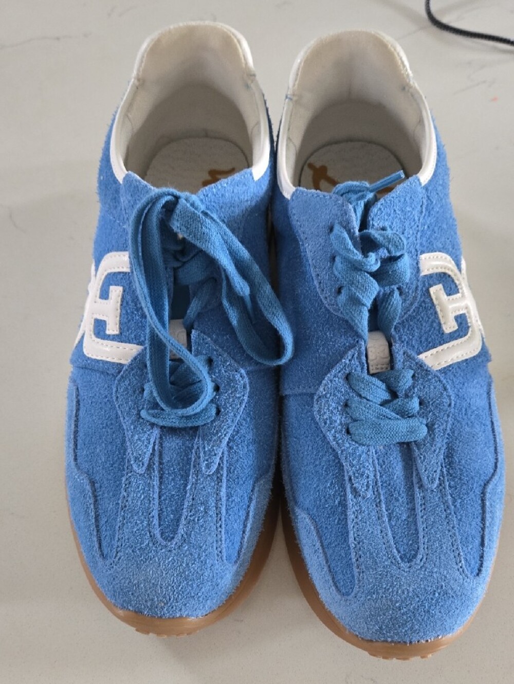 Sam Edelman Blue Suede and White Leather Trail Sneakers with Gum Sole